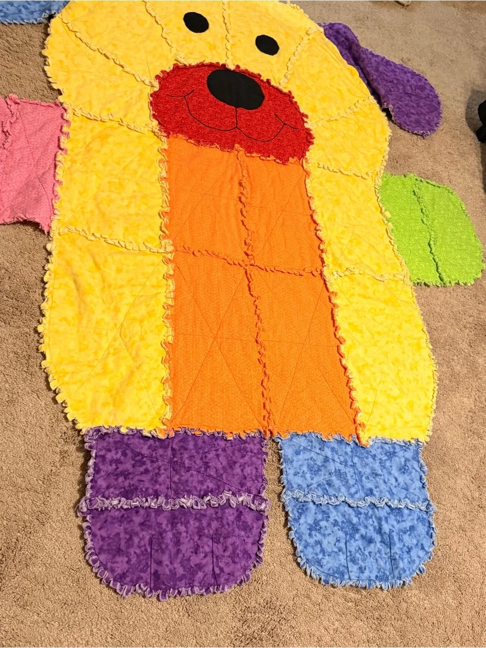 Patchwork Dog Shaped Vintage Quilt - Multi Rainbow Color Baby Blanket - So Cute!